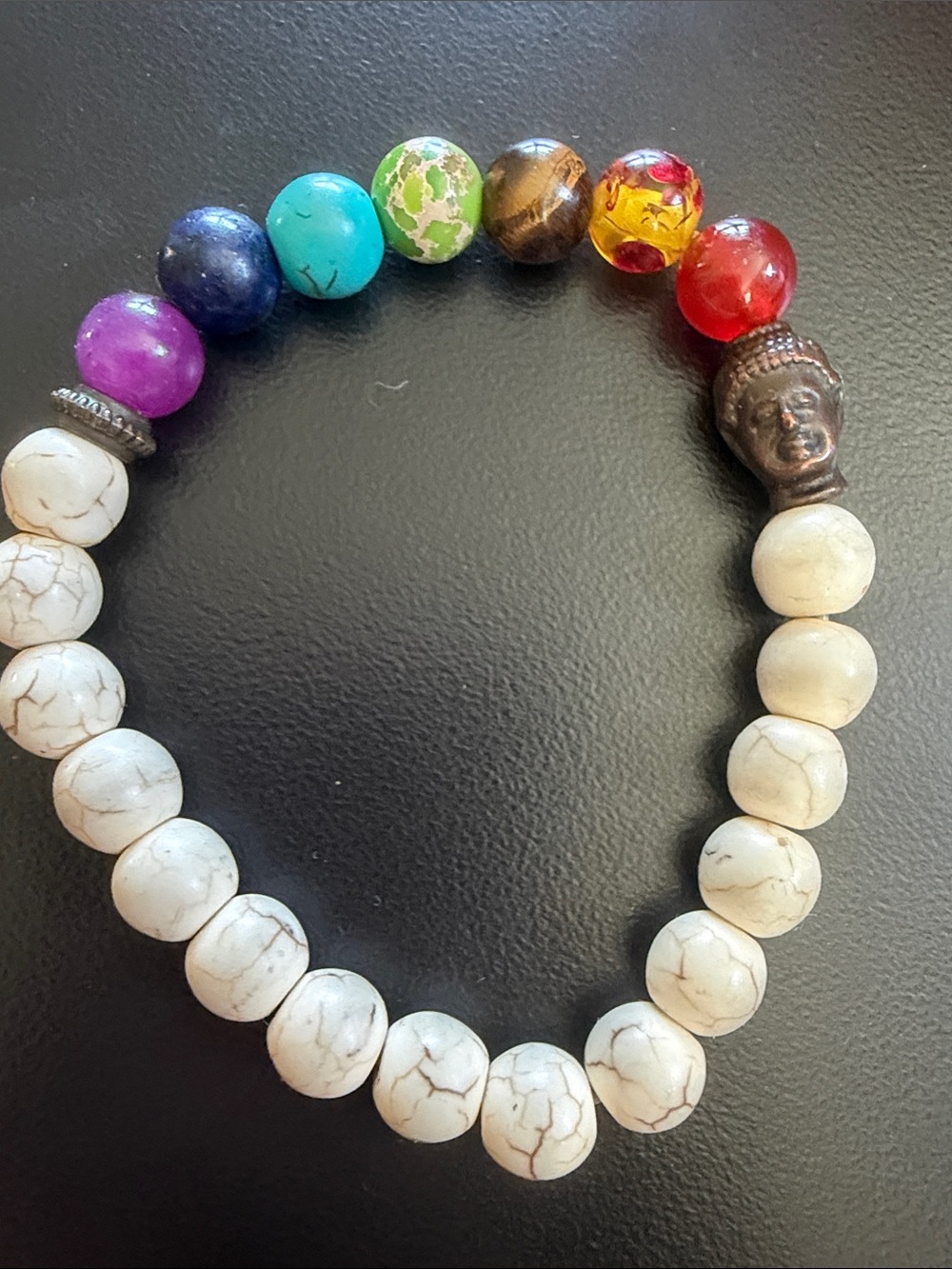 White bead + rainbow bead Bracelet with Buddha bead - stretch